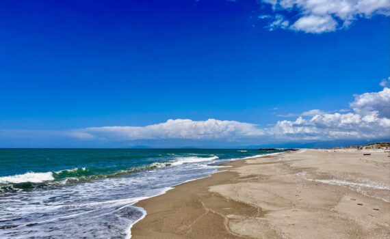 Spiaggia del Gombo nel Parco di San Rossore deserta e selvaggia con cielo azzurro e nuvole bianche. tour guidato zona rossa